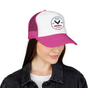 Hot pink trucker hat with 'Celebrating America for 250 Years' design displayed on female on a white background.