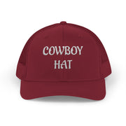 Cardinal red trucker hat with 'Cowboy Hat' text on a white background.