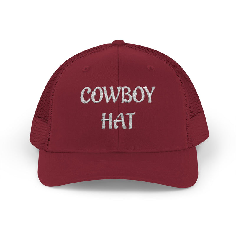 Cardinal red trucker hat with 'Cowboy Hat' text on a white background.