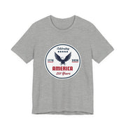 Grey  t-shirt with 'Celebrating America 250 years' graphic and text against a white background.