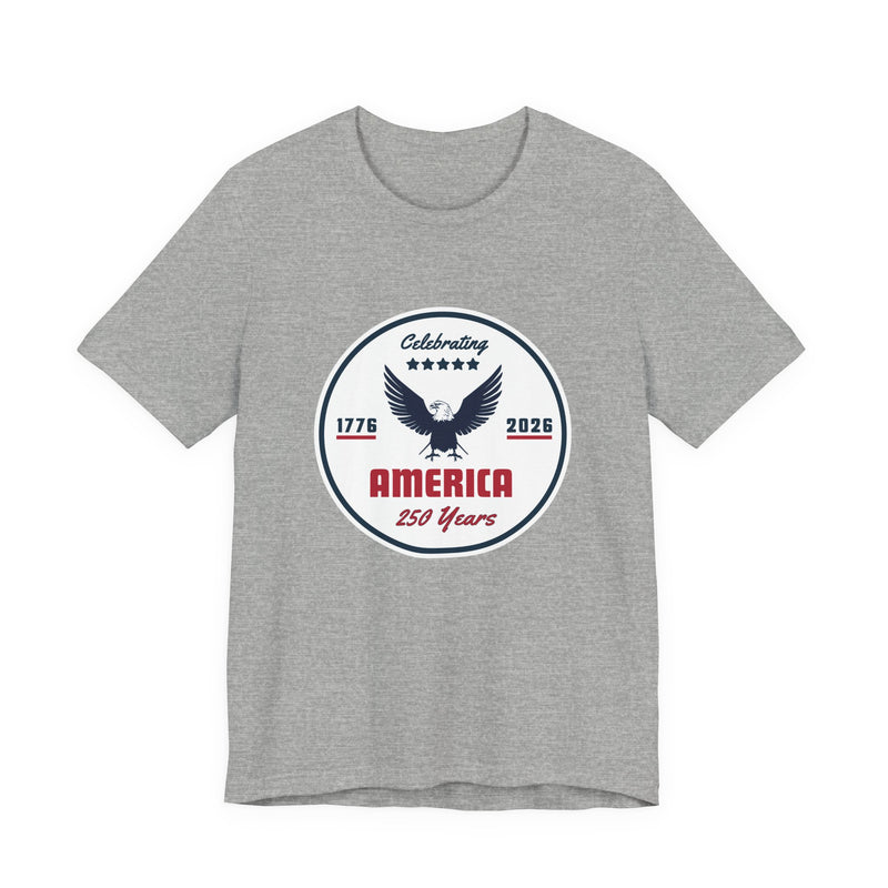Grey  t-shirt with 'Celebrating America 250 years' graphic and text against a white background.
