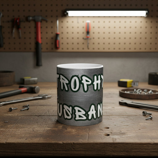 Mug with 'Trophy Husband' text on a garage work bench