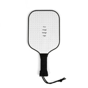 Customizable white pickleball paddle with black handle on a white background.