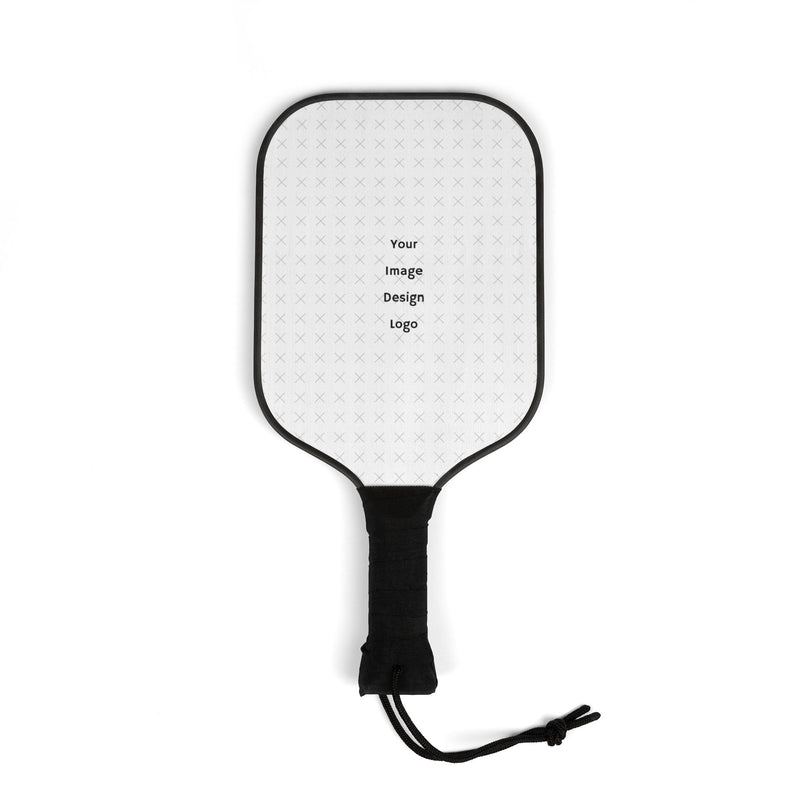 Customizable white pickleball paddle with black handle on a white background.