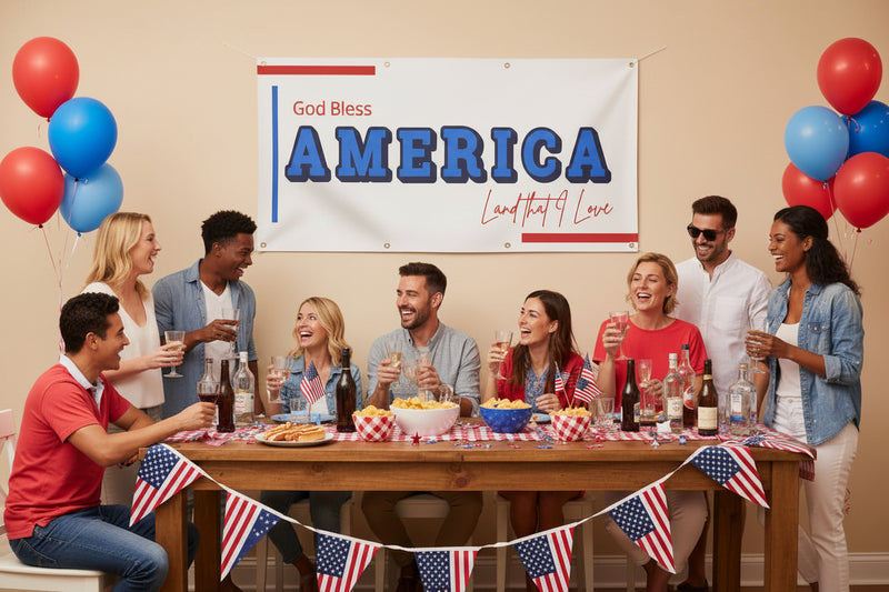 Patriotic “God Bless America” horizontal matte banner with blue stripes and red and blue stars hanging above a party table, 48x24 and 72x36 inches.