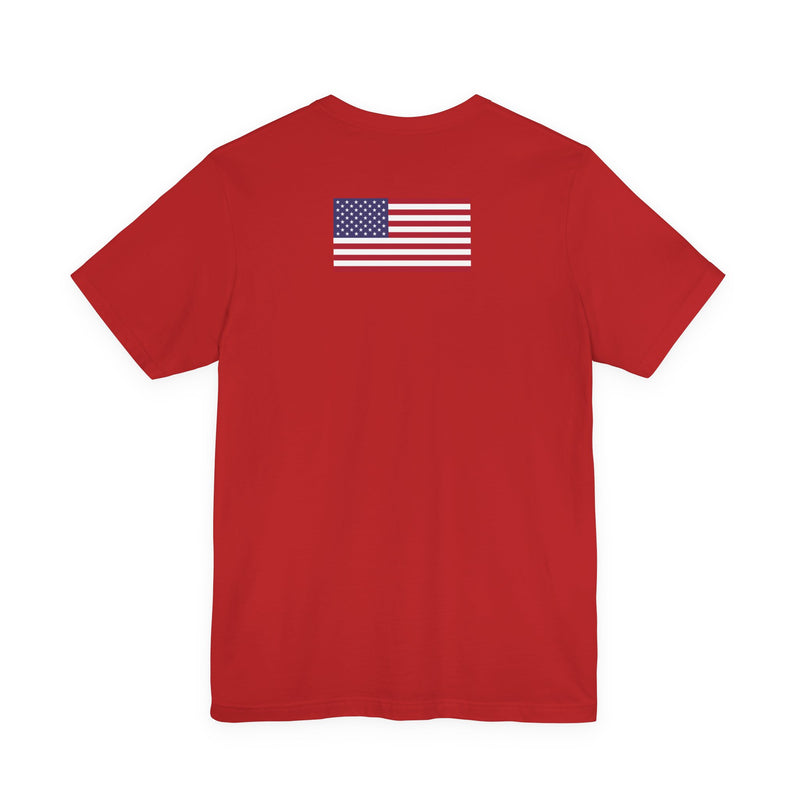Back of a red t-shirt with an American flag on the back against a white background