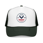 Green trucker hat with 'Celebrating America for 250 Years' design on a white background.