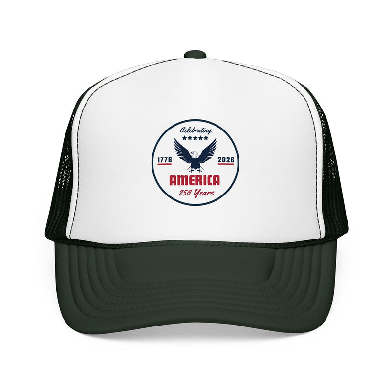 Green trucker hat with 'Celebrating America for 250 Years' design on a white background.