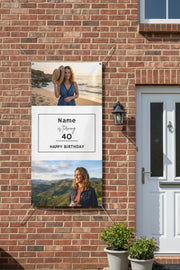 Custom vinyl photo banner with two  photos and center panel for name, age, and date, 24x48 and 36x72 inches.
