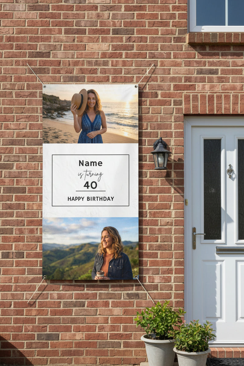 Custom vinyl photo banner with two  photos and center panel for name, age, and date, 24x48 and 36x72 inches.