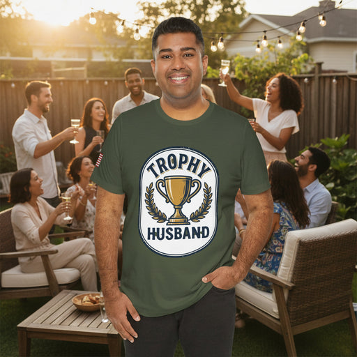 Man wearing a green t-shirt with 'Trophy Husband' graphic at a backyard party. 