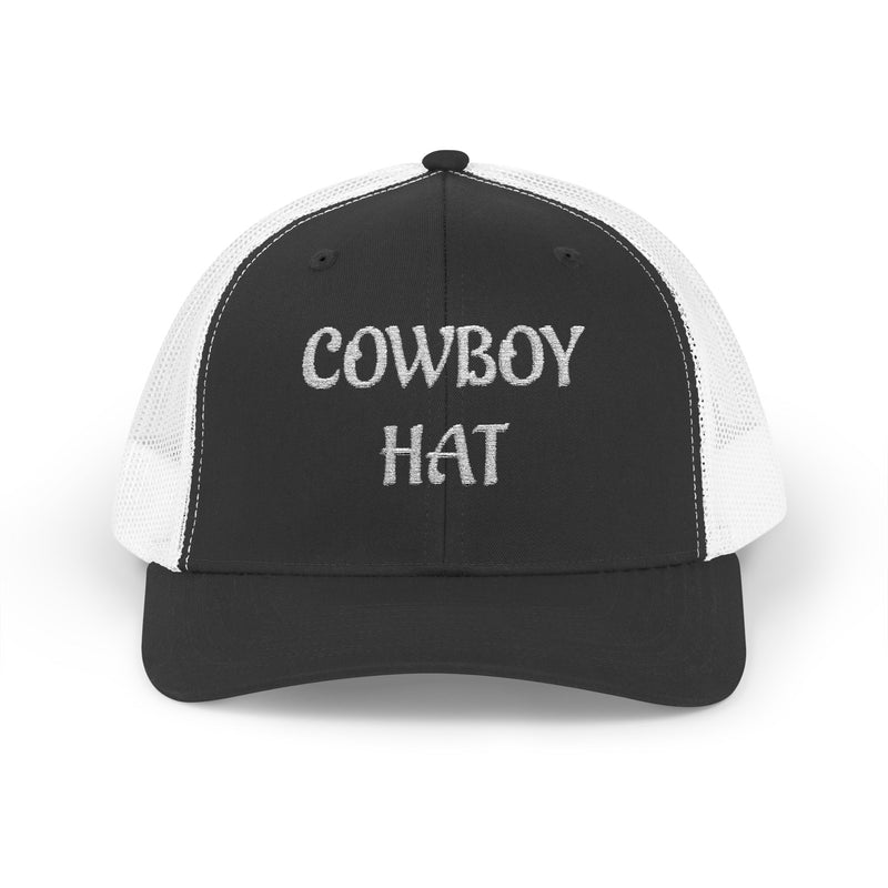Black and white cap with 'Cowboy Hat' text on a white background.