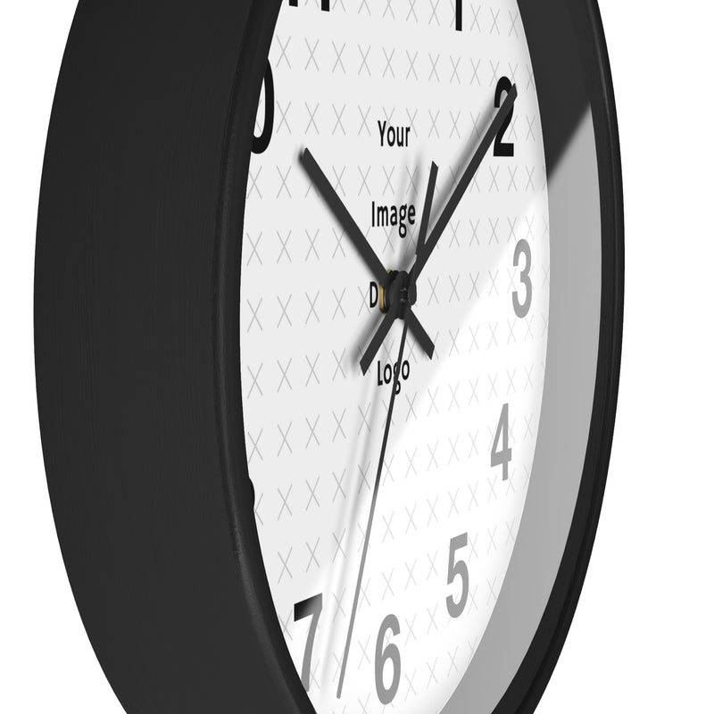 Customizable wall clock side view with black frame with a "your image" placeholder on a white background.