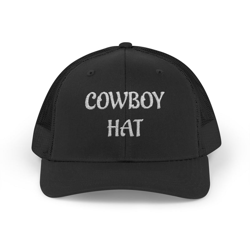 Black trucker hat with 'Cowboy Hat' text on a white background.