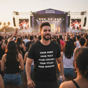 Custom text t-shirt worn at a concert — Bella Canvas 3001 unisex tee with personalized text print.