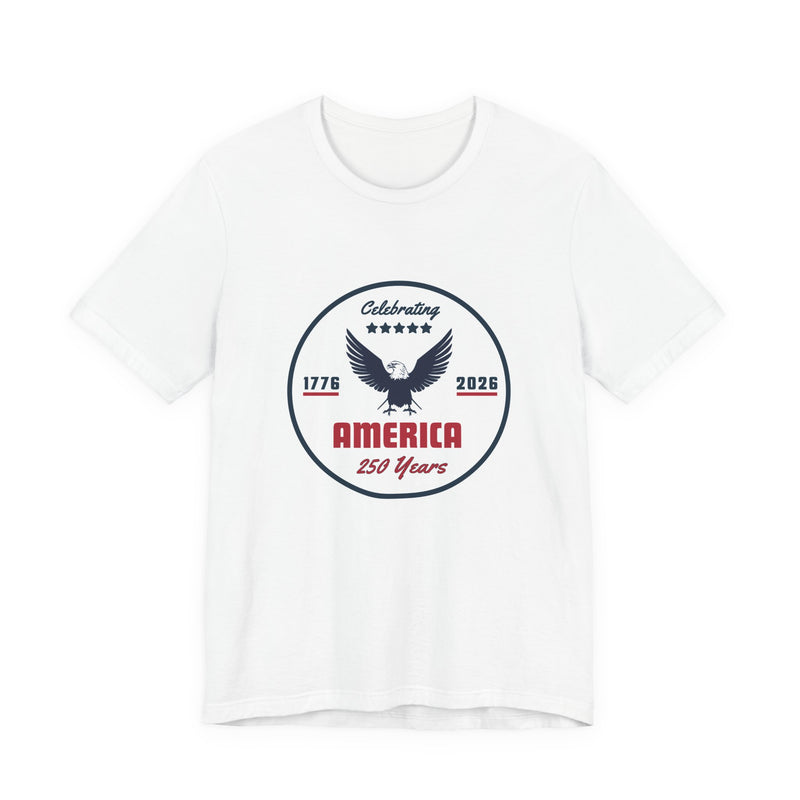 White t-shirt with 'Celebrating America 250 years' graphic and text against a white background.