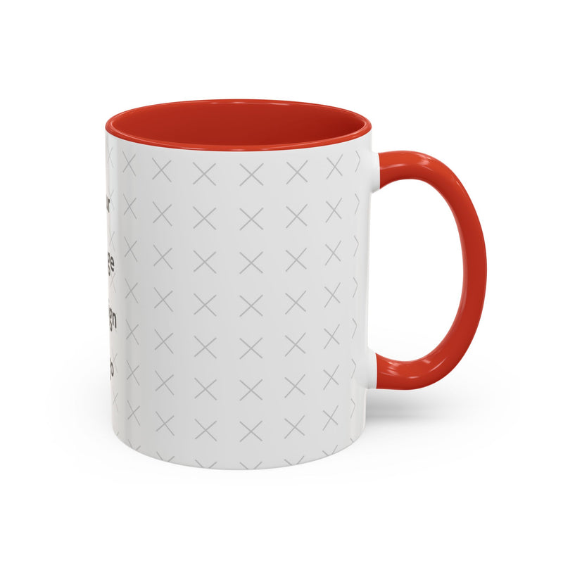 Side view of customizable white mug with red interior and "your image or design" placeholder on a white background.