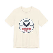 Beige / natural color t-shirt with 'Celebrating America 250 years' graphic and text against a white background.