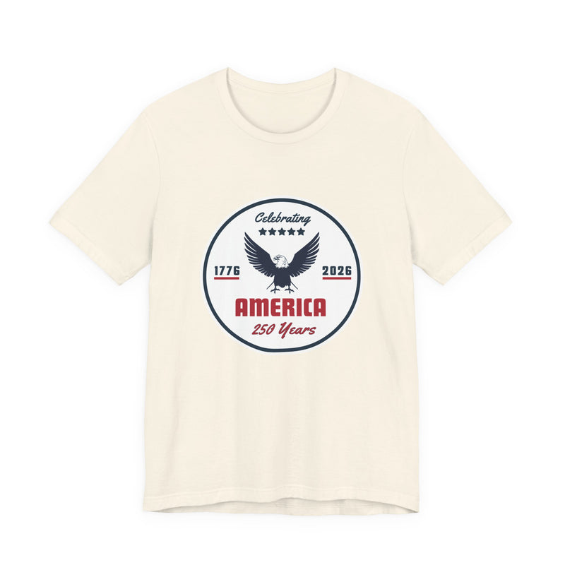 Beige / natural color t-shirt with 'Celebrating America 250 years' graphic and text against a white background.