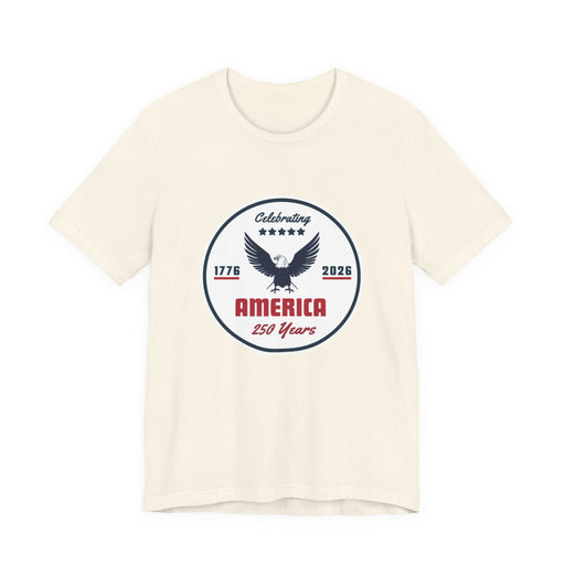 Beige / natural color t-shirt with 'Celebrating America 250 years' graphic and text against a white background.