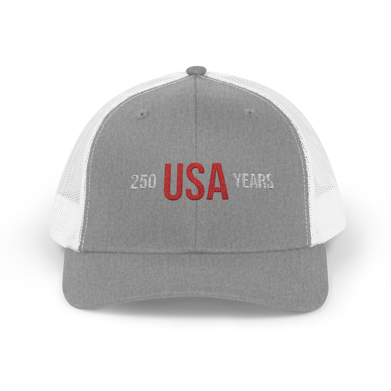 Grey and white trucker cap with 'USA 250 YEARS' text on a white background.