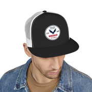 Man wearing a black and white flat bill trucker cap with a logo 'celebrating America 250 years' on a white background.