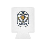 White can cooler with 'Trophy Husband' design on a white background.