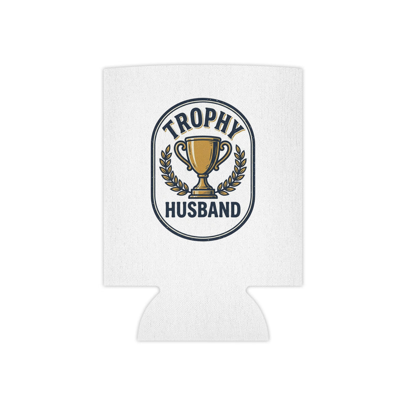 White can cooler with 'Trophy Husband' design on a white background.