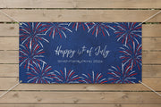 Custom patriotic “Happy 4th of July” vinyl banner with blue stripes and red and blue stars, 72x36 and 48x24 inches on wood fence.