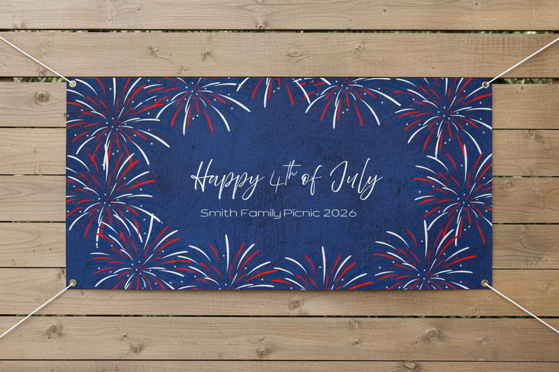 Custom patriotic “Happy 4th of July” vinyl banner with blue stripes and red and blue stars, 72x36 and 48x24 inches on wood fence.