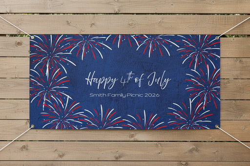 Custom patriotic “Happy 4th of July” vinyl banner with blue stripes and red and blue stars, 72x36 and 48x24 inches on wood fence.