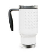 Side of a customizable white tumbler with silver lid with a "your image or design" placeholder on a white background.