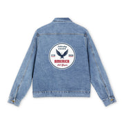 Blue denim jacket with a circular design on the back featuring an eagle and celebrating america 250 years and text.