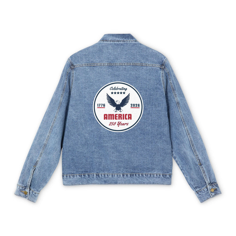 Blue denim jacket with a circular design on the back featuring an eagle and celebrating america 250 years and text.