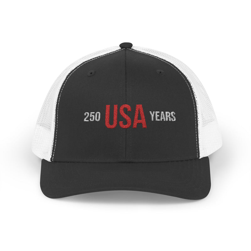 Black and white trucker cap with 'USA 250 YEARS' text on a white background.