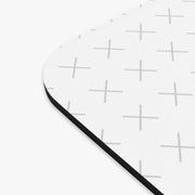 Close up of the edge of a customizable white mouse pad with "your image or design" placeholder on a white background. 