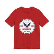 Red  t-shirt with 'Celebrating America 250 years' graphic and text against a white background.