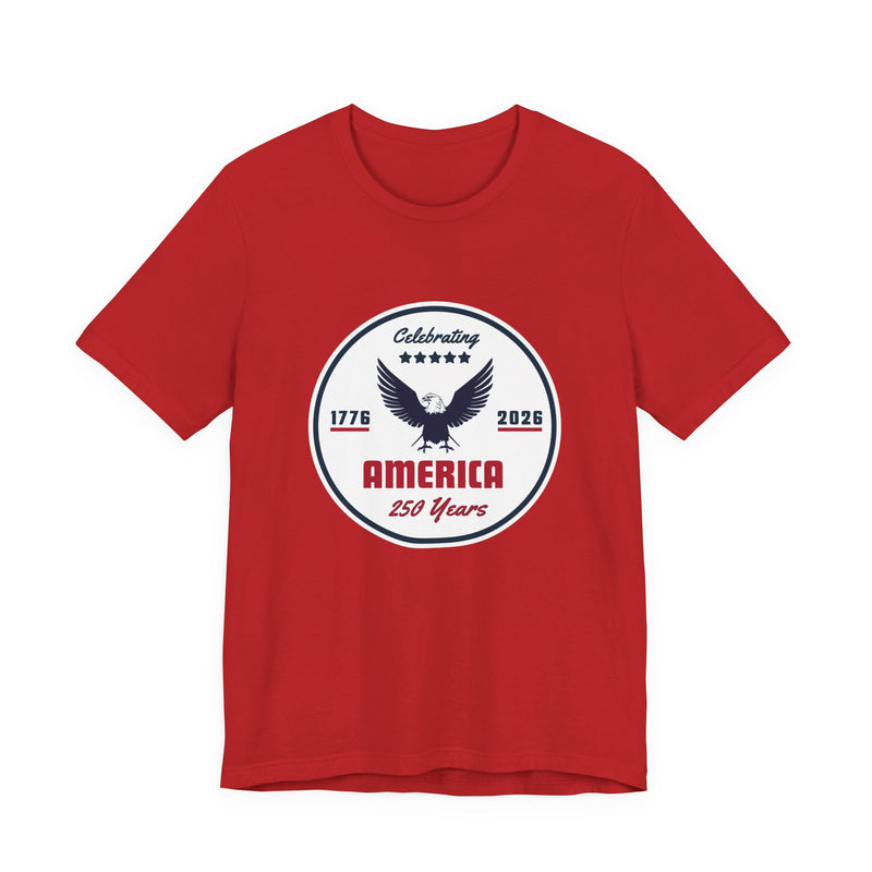 Red  t-shirt with 'Celebrating America 250 years' graphic and text against a white background.