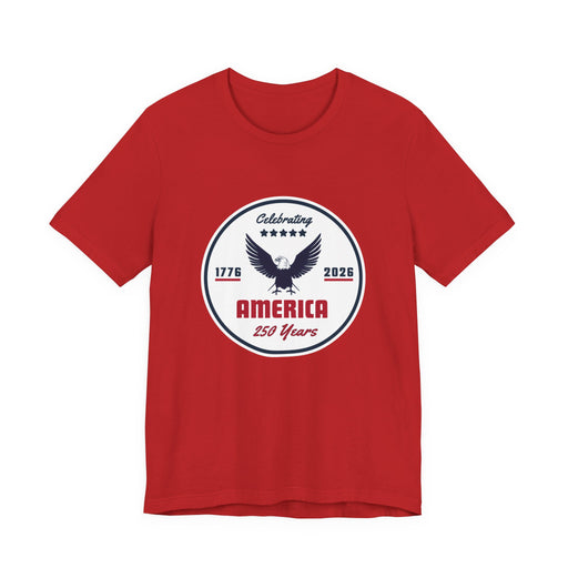 Red  t-shirt with 'Celebrating America 250 years' graphic and text against a white background.