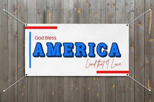 Patriotic “God Bless America” horizontal vinyl banner with blue stripes and red and blue stars, 72x36 and 48x24 inches on a wood fence.