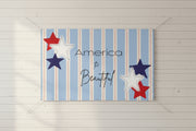 Patriotic “America the Beautiful” matte banner with blue stripes and red and blue stars, 96x60 inches.
