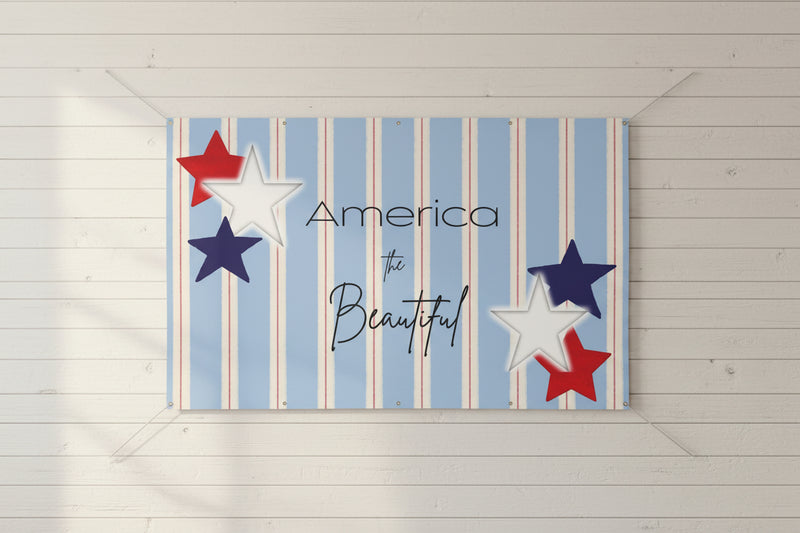 Patriotic “America the Beautiful” matte banner with blue stripes and red and blue stars, 96x60 inches.