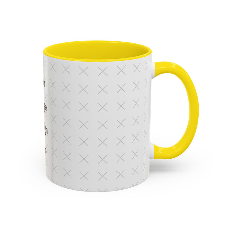 Side view of customizable white mug with yellow interior and "your image or design" placeholder on a white background.