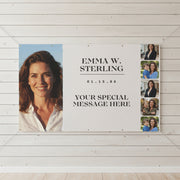 Custom matte photo banner with large portrait, three smaller photos, and space for name and special message, 96x60 inches.
