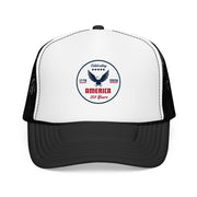 White and black trucker hat with 'Celebrating America for 250 Years' design on a white background.