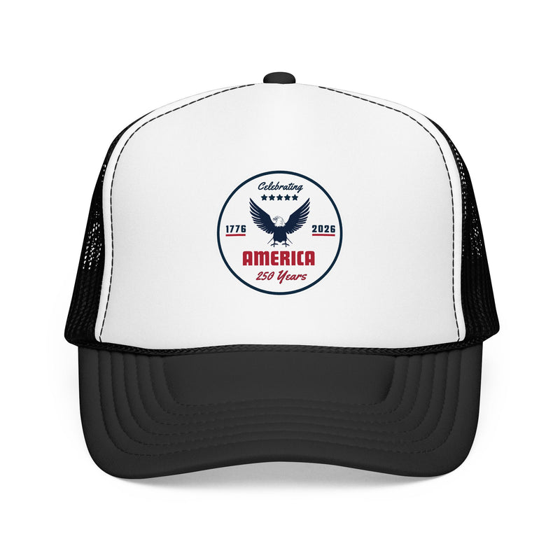 White and black trucker hat with 'Celebrating America for 250 Years' design on a white background.