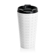 Back of a customizable stainless steel travel mug with "your image or design" placeholder on a white background.