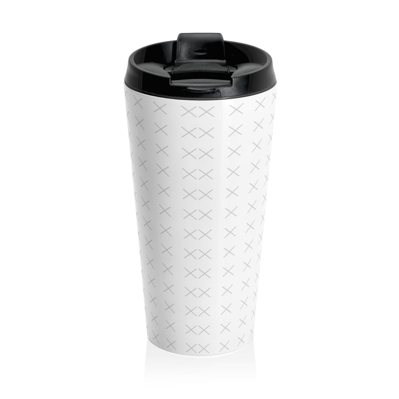 Back of a customizable stainless steel travel mug with "your image or design" placeholder on a white background.