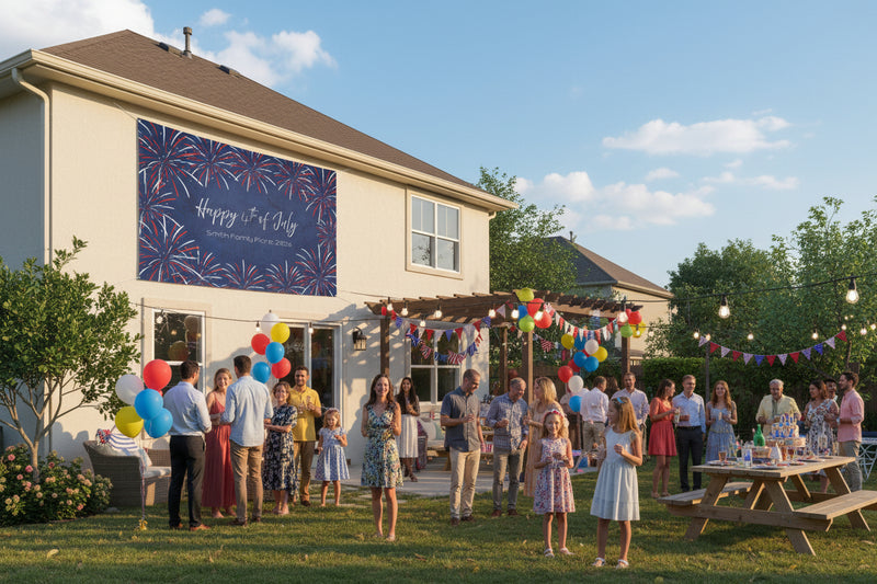 Custom patriotic “Happy 4th of July” matte banner with blue stripes and red and blue stars hanging above a house, 96x60 inches.