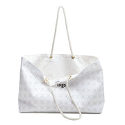 Customizable white weekender tote bag partially opened with "your image or design" placeholder on a white background.